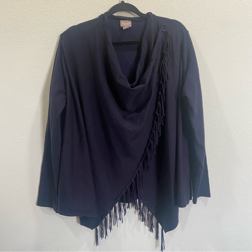 Chico's Women’s 3‎ = XL Fringe Edge Wrap Knit Cardigan Sweater Button Close Navy
